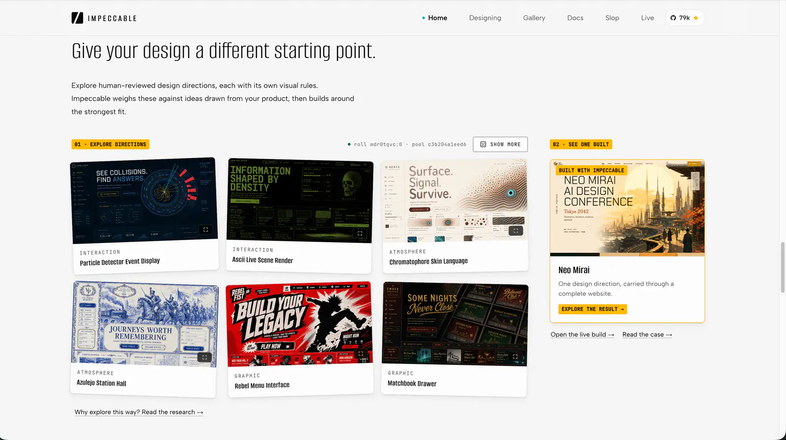 Impeccable website showing a gallery of design directions and examples
