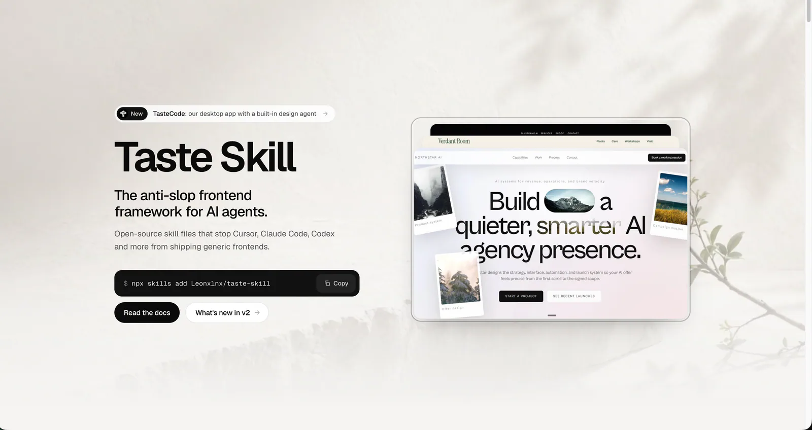 Taste Skill website preview showing its introduction, installation entry and website examples