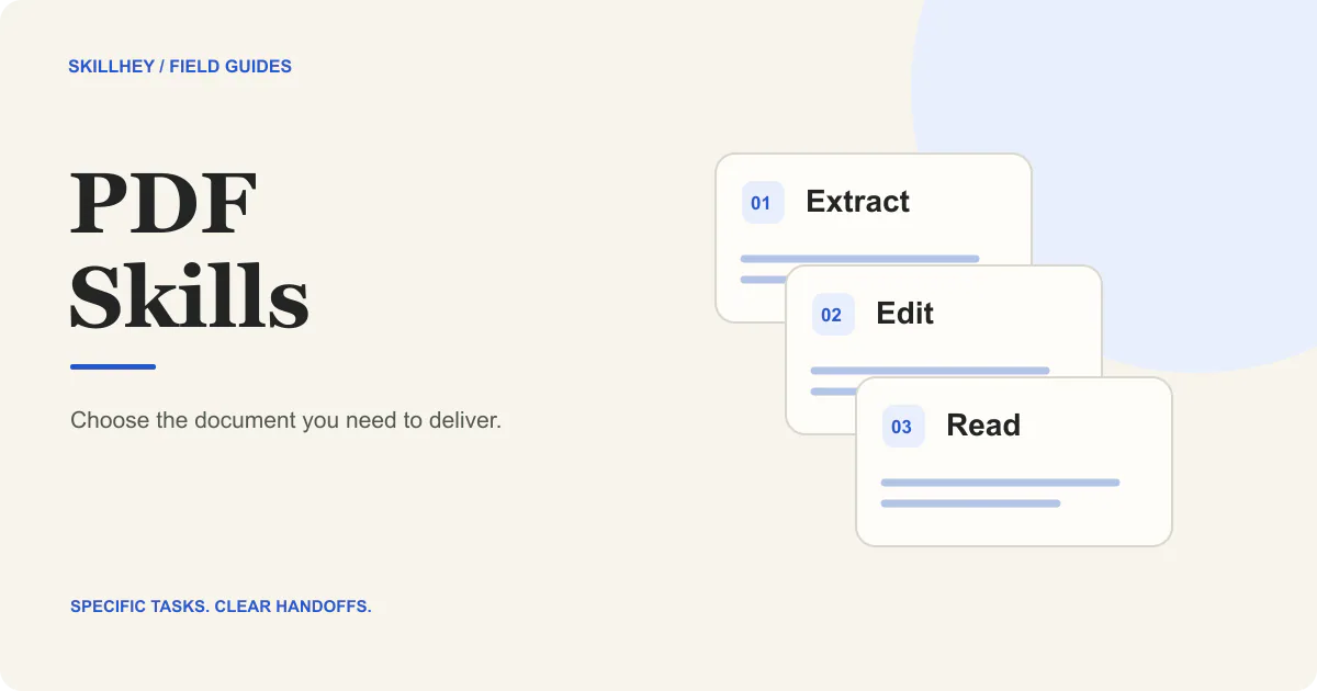 PDF workflows arranged as source pages, extracted text and a reviewed document