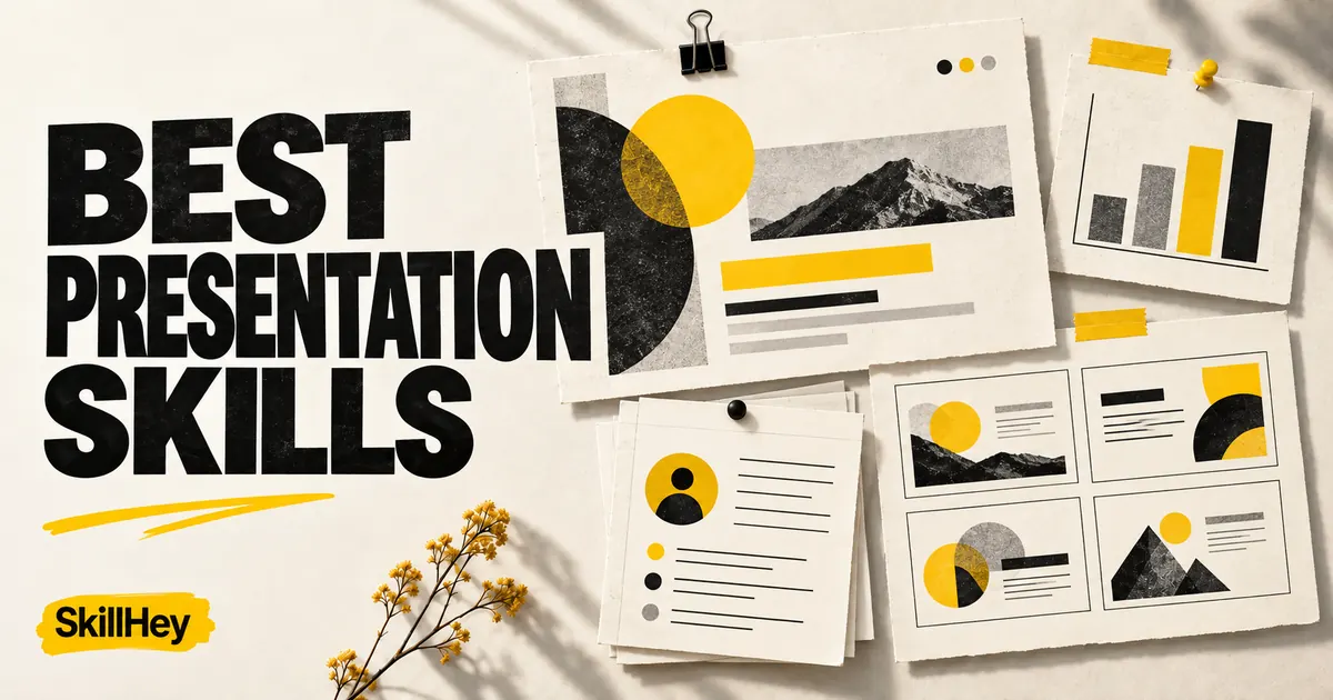 Best Presentation Skills editorial cover with paper slides, a chart and speaker notes