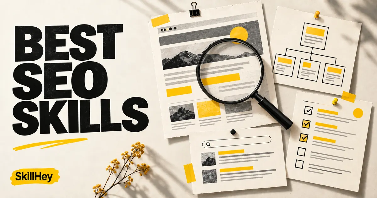 Best SEO Skills editorial cover with website audit papers, a magnifying glass and a sitemap