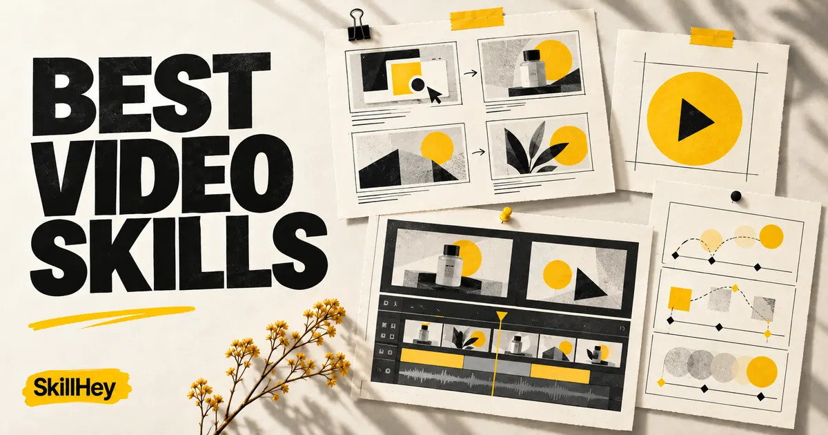 Best Video Skills editorial cover with a storyboard, editing timeline and animation keyframes