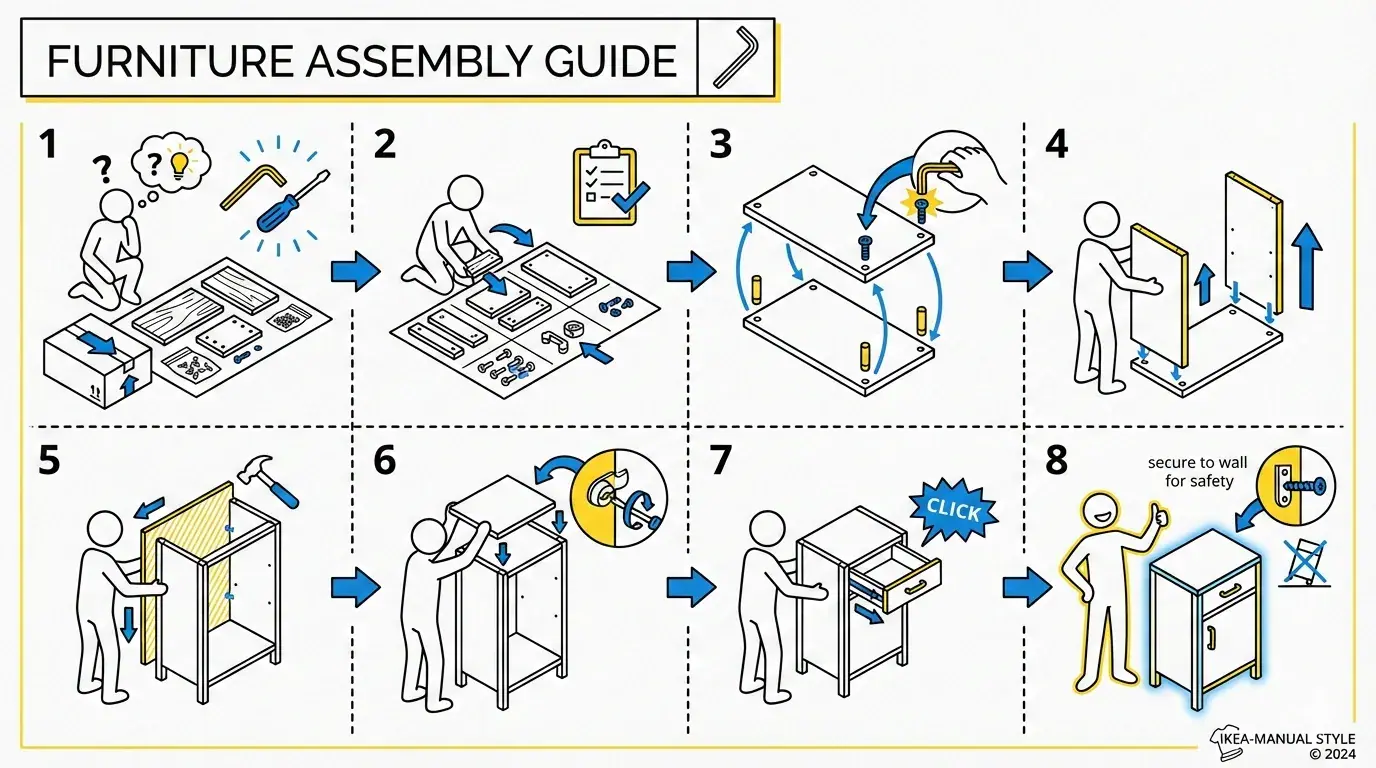 Furniture assembly infographic example from Baoyu’s project